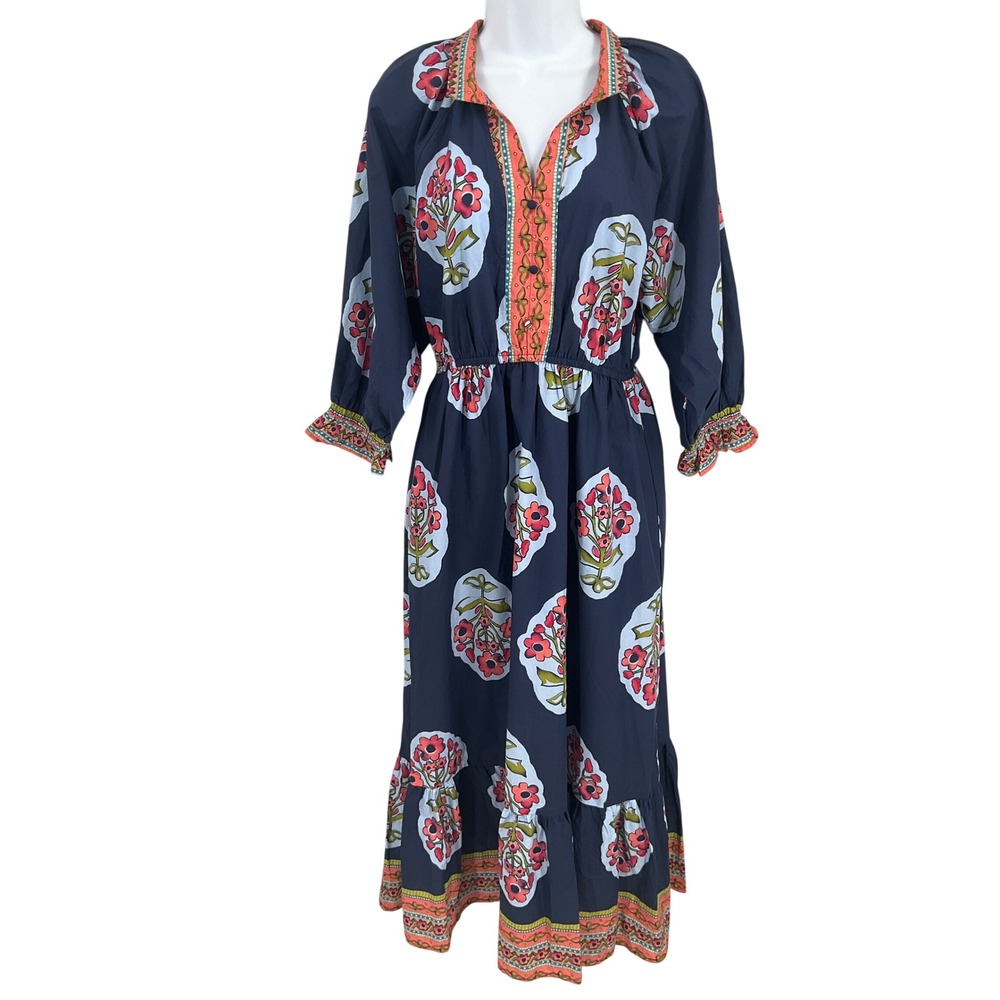 Umgee Maxi Dress Womens S Navy Botanical Boho Tiered Ruffle Modest Peasant